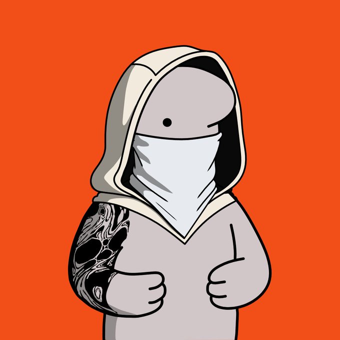 Digital illustration of a hooded figure wearing a face covering on an orange background, with one arm revealed to be a black and white biomechanical or alien-like structure.