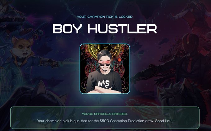 In the image, there's a poster for an online gaming tournament called "The @hamieverse Alpha Tournament". The poster features a man wearing sunglasses with a black t-shirt that says "Boy Hustler" written on it. A character from the game is also present in the poster. The text at the bottom of the poster reads, "Your champion pick is locked. You're officially entered for the 500 Champion Prediction Draw."