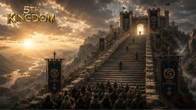 A fantasy digital artwork titled '5TH KINGDOM' showing figures ascending a grand stone staircase toward a castle gate at sunset, with banners bearing the kingdom's emblem.