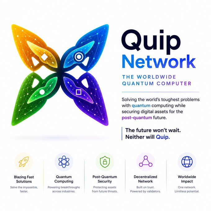 The image features a colorful logo of a butterfly with four wings, which is part of a larger design that represents the Quip Network. The text above the butterfly reads "Quip Network", while below it, there are descriptions of various aspects related to the network and its vision for the future.