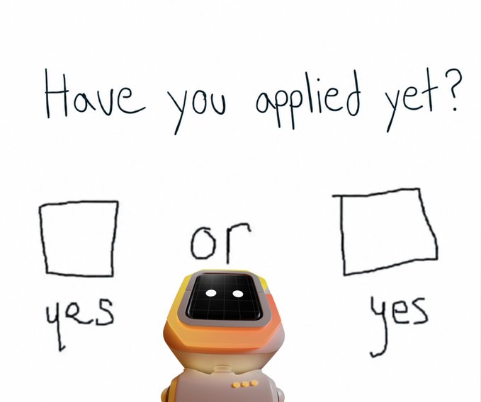 A handwritten slide asks "Have you applied yet?" with two checkboxes both marked "yes," humorously presented by a small robot (likely referencing the gm/crypto/AI community where "gm" is a common greeting). The post playfully tags founders to apply to a residency program, with the robot acting as a quirky mascot encouraging participation.