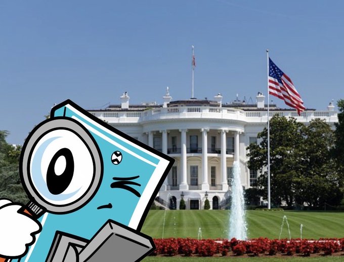 A cartoon blue camera character holding a magnifying glass in front of the White House with the American flag flying.