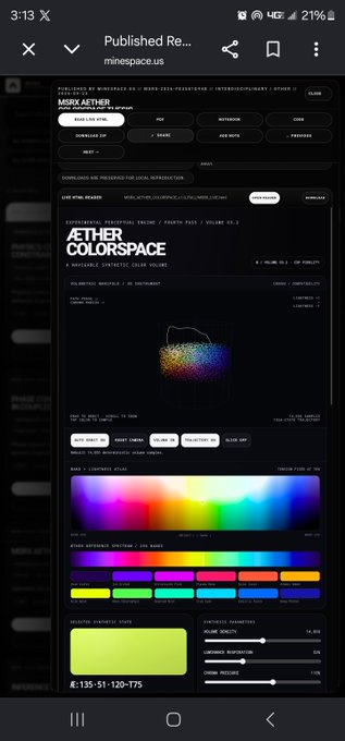 A mobile screenshot of the minespace.us website showing 'AETHER COLORSPACE' - a synthetic color volume creation tool featuring a 3D color cube, a color spectrum bar, and various parameters like color sequence and selected swatches.