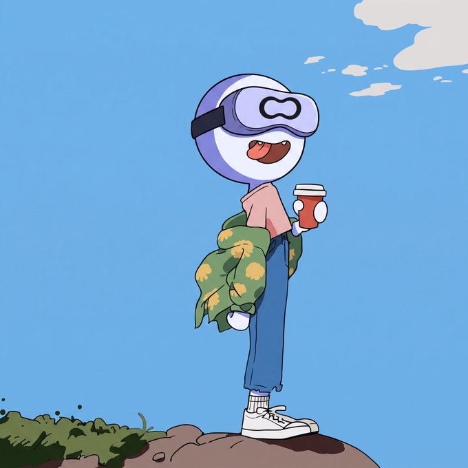 Digital illustration of a character wearing a VR headset, pink shirt, and green floral jacket, holding a red coffee cup while standing on a small grassy hill under a blue sky.