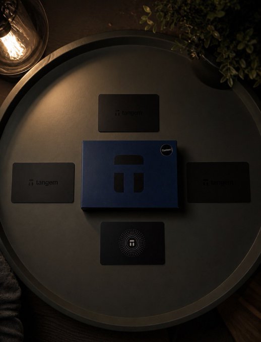 Dark, moody product photograph of 'Tangem' crypto hardware wallets arranged in a cross pattern on a black tray.