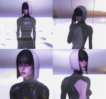 A collage of four images shows a 3D animated character with a distinctive black-and-white bob haircut wearing a sleek, dark futuristic bodysuit.