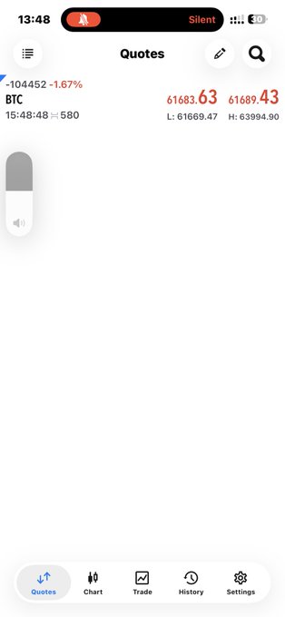 A mobile trading app screenshot showing BTC trading at 61683.63 with a -1.67% decline, displaying quotes, chart, trade, history, and settings navigation tabs.