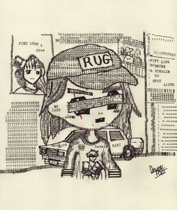The image features a black and white drawing of a girl with a hat, surrounded by various objects such as cars, buildings, and other people. The caption reads "retardio", which seems unrelated to the main subject matter. This could be an error in the caption or it might be a stylistic choice made by the artist for the image.