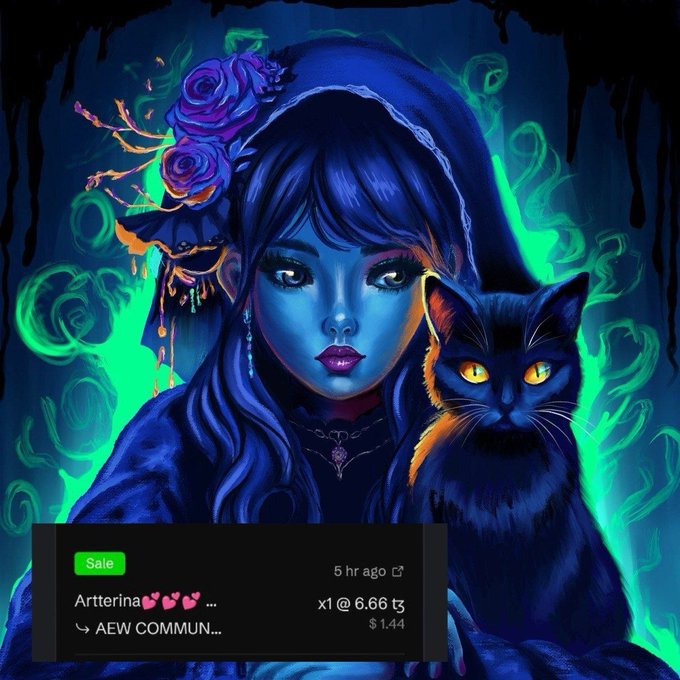A digital artwork showing a gothic girl with a black cat surrounded by green flames, overlaid with a transaction notification for 'Artterina' sold for 6.66 ETH.