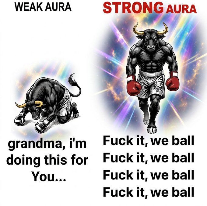 A meme comparing 'WEAK AURA' (bull kneeling, 'grandma, i'm doing this for You...') vs 'STRONG AURA' (bull standing with boxing gloves, 'Fuck it, we ball' repeated).