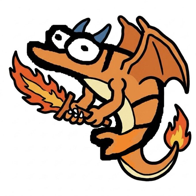 A cartoon illustration of an orange dragon with large white eyes, blue horns, and wings, wielding a flaming sword and breathing or surrounded by fire.