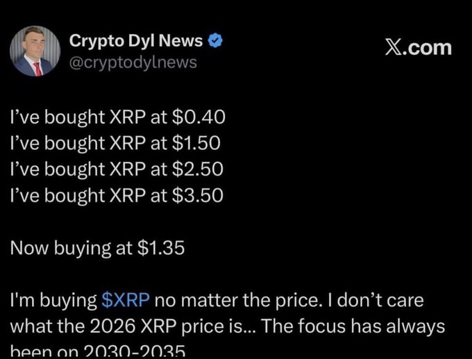 A tweet from 'Crypto Dyl News' (@cryptodylnews) stating they've bought XRP at $0.40, $1.50, $2.50, and $3.50, now buying at $1.35, with focus on 2030-2035.