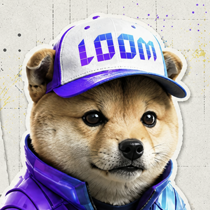 A digital illustration of a Shiba Inu dog wearing a white and purple cap that says 'LOOM' and a matching purple jacket, set against a painted background.