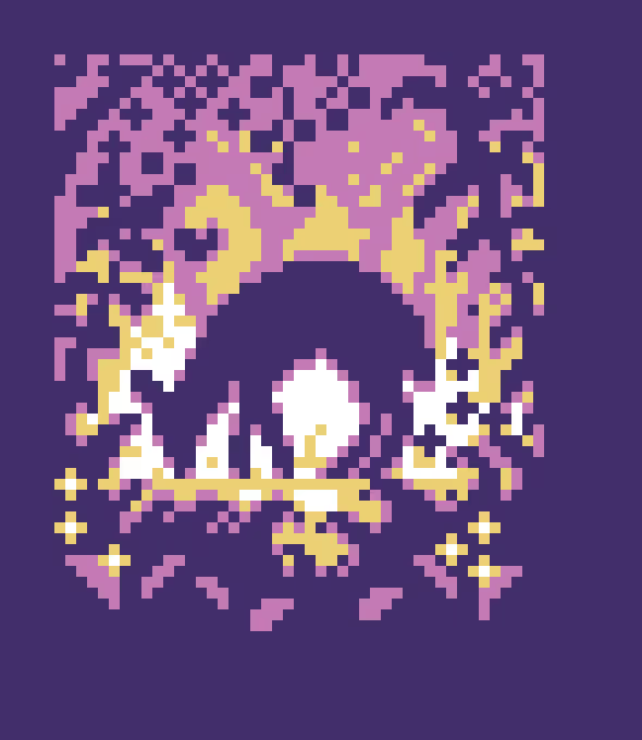 A pixel art illustration featuring a central crown and face-like figure rendered in pink, purple, white, and yellow tones against a dark blue background.