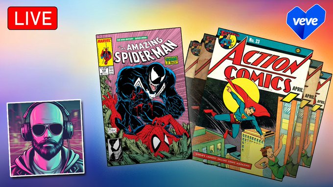 A graphic for a 'LIVE' stream on the Veve platform features a stylized avatar wearing headphones, alongside comic book covers of Amazing Spider-Man and Action Comics #23 featuring Superman.