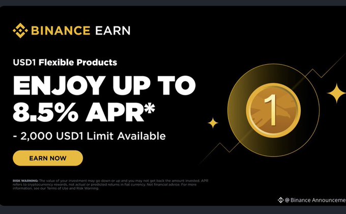 A Binance Earn promotional banner advertising USD1 Flexible Products with up to 8.5% APR and a 2,000 USD1 limit, featuring a gold '1' coin graphic.