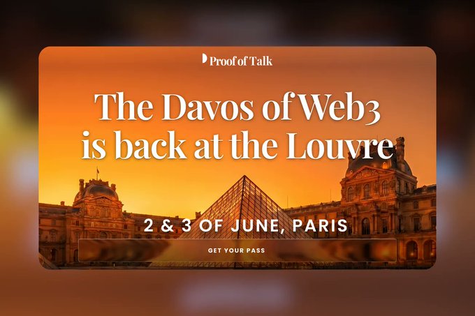 The image features a poster for Proof of Talk, which is an event that focuses on artificial intelligence (AI) and machine learning topics. The poster includes a photo of the Louvre Palace in Paris, France, with the text "The Davos of Web3 is back at the Louvre". This suggests that the event is taking place in Paris, where the famous museum is located. The poster also mentions that there are 2 & 3 of June and Paris scheduled for the event.