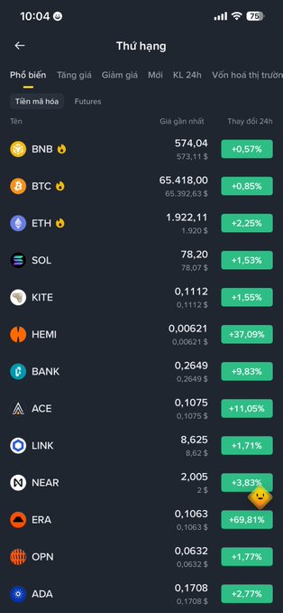 Cryptocurrency ranking screen ('Thứ hạng') in Vietnamese showing prices and 24h gains for BNB (+0.57%), BTC (+0.85%), ETH (+2.25%), SOL (+1.53%), KITE, HEMI (+37.09%), BANK (+9.83%), ACE (+11.05%), LINK, NEAR, ERA (+69.81%), OPN, and ADA.
