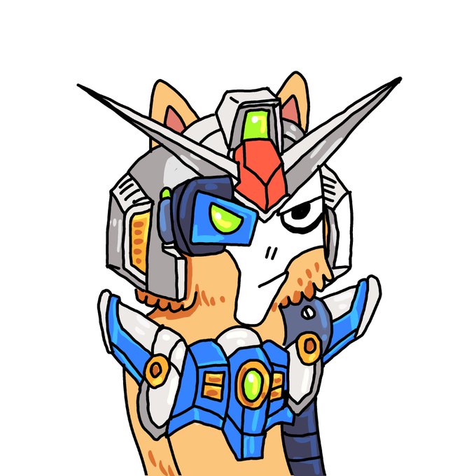 An illustrated cartoon character of an orange fox or cat-like creature wearing futuristic blue and silver mecha armor with green glowing accents.