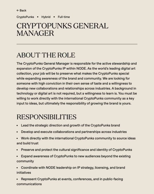 A job listing for "CryptoPunks General Manager" at NODE, outlining responsibilities like leading strategic direction, developing collaborations, and expanding the CryptoPunks IP.