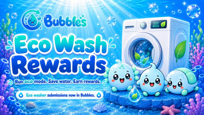 A colorful underwater-themed promotional graphic for 'Bubbles - Eco Wash Rewards' featuring cartoon water droplets, a washing machine with eco mode, and text 'Run eco mode. Save water. Earn rewards.'
