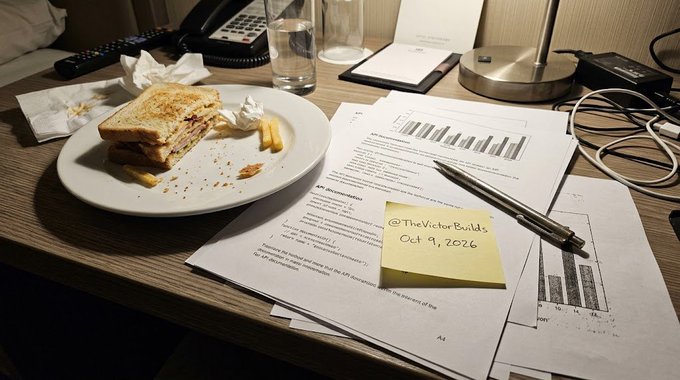 A half-eaten club sandwich and scattered documents sit on a hotel desk beside a yellow sticky note reading "@TheVictorBuilds Oct 9, 2026," paired with a pen resting on a paper showing a bar graph—evoking the solitary analyst's lunch break as protocols with real treasury fees quietly accumulate while speculative bridge ventures collapse.