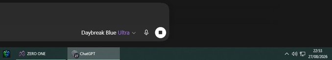 A dark-themed UI screenshot showing a dropdown menu with the option 'Daybreak Blue Ultra' next to a microphone icon and a stop button, with taskbar items for 'ZERO ONE', 'ChatGPT', and a system clock reading 22:33 on 27/08/2026.