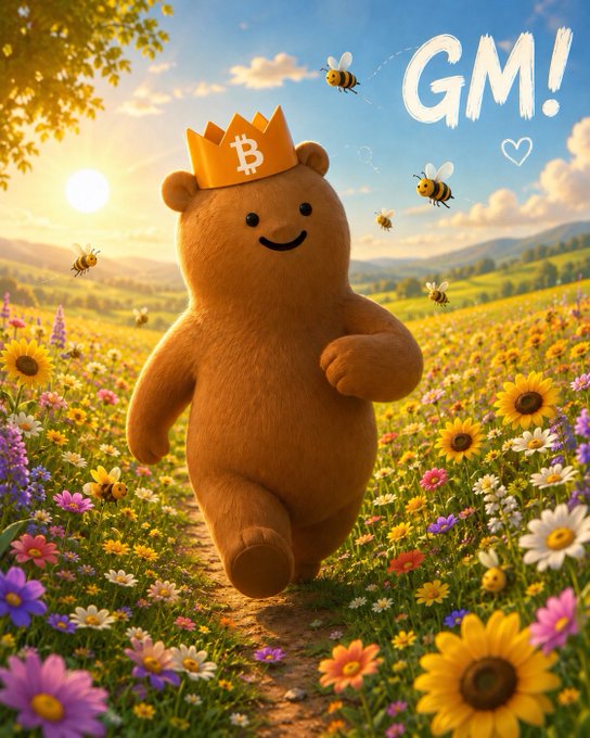 The image features a brown teddy bear wearing a crown, walking through a field of flowers with sunflowers surrounding him. The caption reads "GM $GRIZZY fam", which refers to the teddy bear as "Grimy" and "Grizzly".
