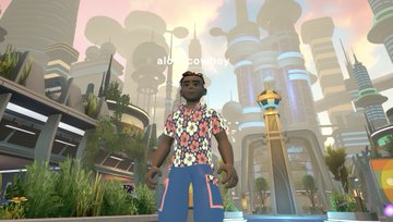 A video game character in a floral shirt and blue pants stands in a vibrant futuristic cityscape with towering white buildings.
