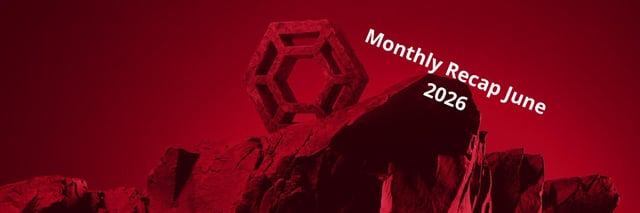 A dramatic red-tinted graphic featuring rocky terrain and a hexagonal logo, overlaid with the white text 'Monthly Recap June 2026'.