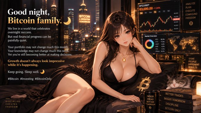 An anime-style woman reclining on a couch with cryptocurrency charts (BTC/USDT at 63,000.00) in the background, titled 'Good night, Bitcoin family.' with text about financial progress and Bitcoin investing hashtags.