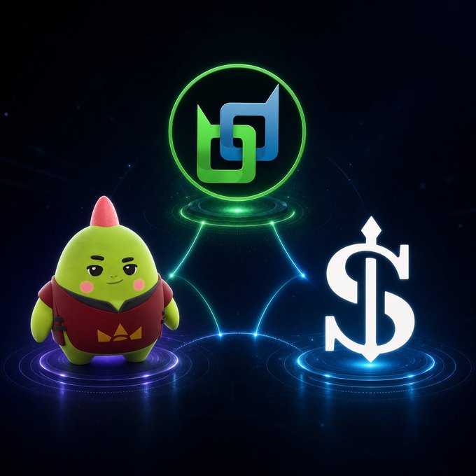A green character and a dollar sign logo connect with a green chain icon, suggesting a blockchain partnership.