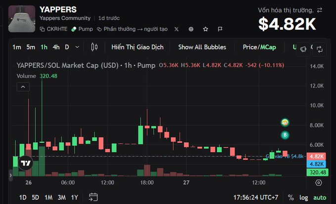 A DexScreener chart for the YAPPERS/SOL token showing a market cap of $4.82K with the price down 10.11%, displaying a 1-hour candlestick chart of trading activity.