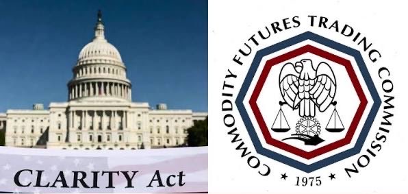 A split image showing the U.S. Capitol building alongside the "CLARITY Act" banner and the Commodity Futures Trading Commission (CFTC) seal, dated 1975, illustrating the agency's readiness to push forward on crypto regulations even if the CLARITY Act stalls in Congress.