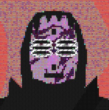 A pixelated portrait of a hooded figure with purple skin, geometric eye markings, and dark lips is set against a glitchy red and orange background.