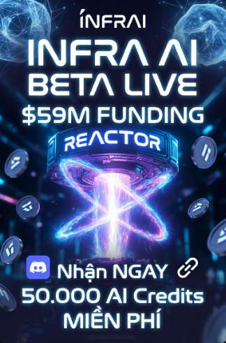 A promotional graphic for INFRA AI BETA LIVE announces $59M funding and offers 50,000 AI Credits free with a 'Nhận NGAY' call-to-action.