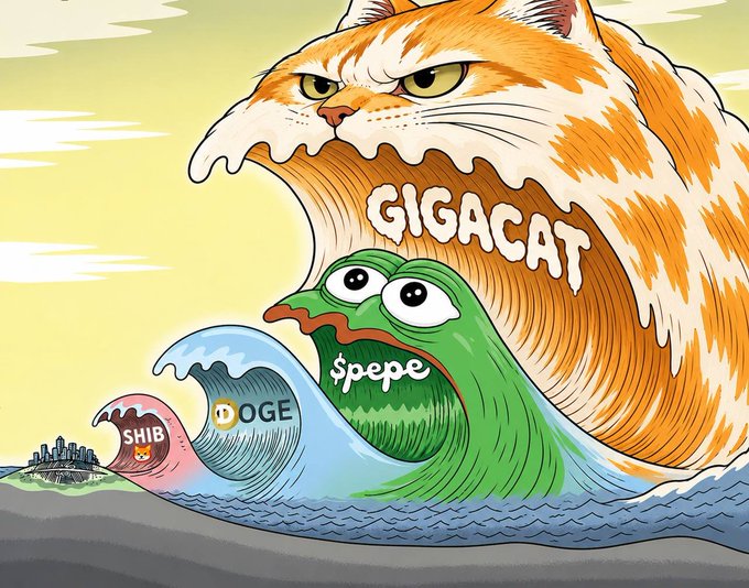 An illustrated parody of 'The Great Wave off Kanagawa' features a giant cat labeled 'GIGACAT' towering over waves containing the cryptocurrency logos and names of $pepe, DOGE, and SHIB.