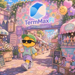 A colorful promotional graphic for the "TermMaxFi" app, featuring a cartoon character in a green cap and sunglasses walking through a vibrant market street.