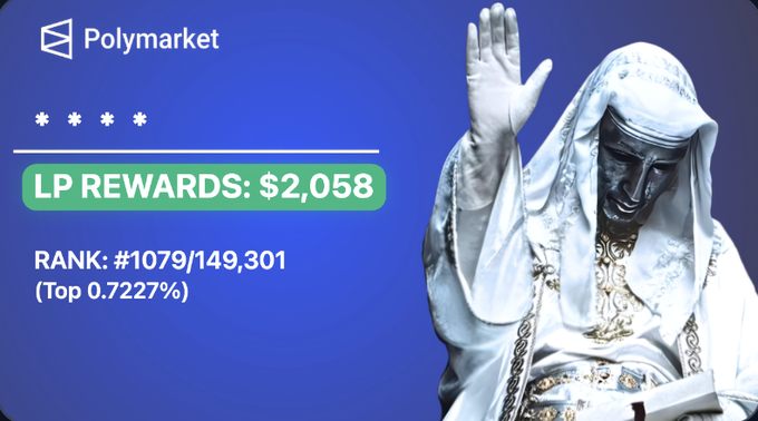 This image shows a logo for Polymarket. The logo features a sculpture of a man wearing a robe, with his hand raised in front of him. The sculpture appears to be made from white marble or stone, giving it an elegant look. The background is blue, and there are text elements on the image that include information about a reward earned through Polymarket, details about how much was earned, and rankings of different rewards.