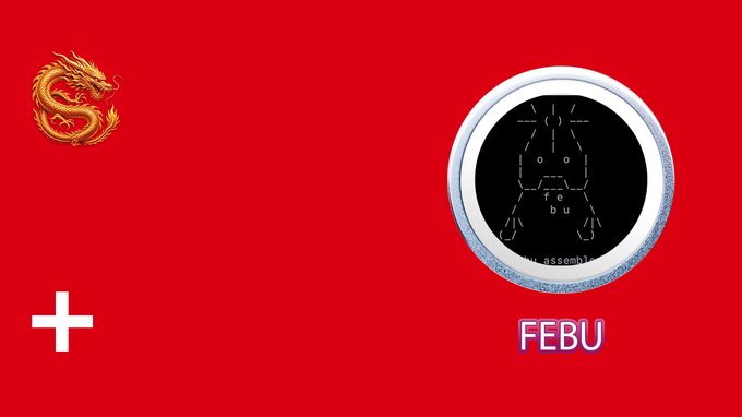 The image shows a graphic announcing CoinAsia's new listing for "$febu" on the Solana blockchain, featuring a red background with a decorative golden dragon emblem and the FEBU project's logo alongside the ticker "FEBU." The plus symbol suggests this is part of a co-marketing effort between CoinAsia and the FEBU project to promote the new trading pair.