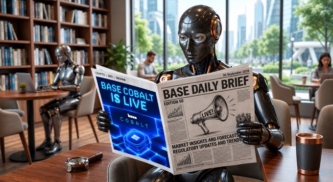A futuristic humanoid robot sits at a table reading a newspaper titled 'BASE DAILY BRIEF' with headlines 'BASE COBALT IS LIVE' and 'MARKET INSIGHTS AND FORECASTS, REGULATORY UPDATES AND TRENDS' dated '30 September 2026'.