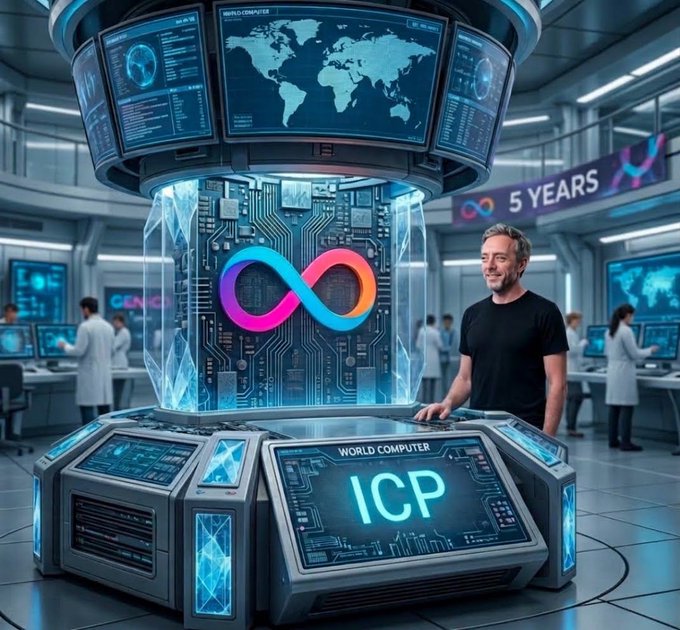 An AI-generated image depicts a futuristic control room centered around a glowing cylindrical computer core displaying an infinity symbol and the text 'ICP' and 'WORLD COMPUTER'.