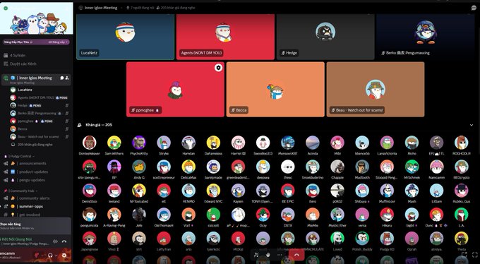 A screenshot of a Discord server interface titled 'Inner Igloo Meeting' showing multiple voice channels with Christmas-themed icons and a long grid of user avatars, including names like 'Lucatz', 'Agents', 'Hedge', and 'griessong'.