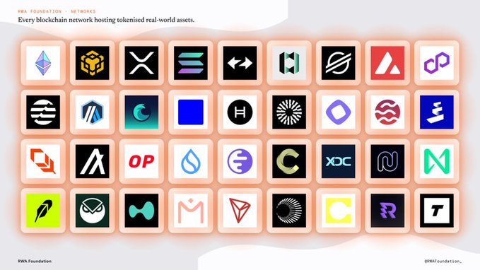 An RWA Foundation graphic titled 'Every blockchain network hosting tokenised real-world assets,' displaying a grid of 40 blockchain network logos.