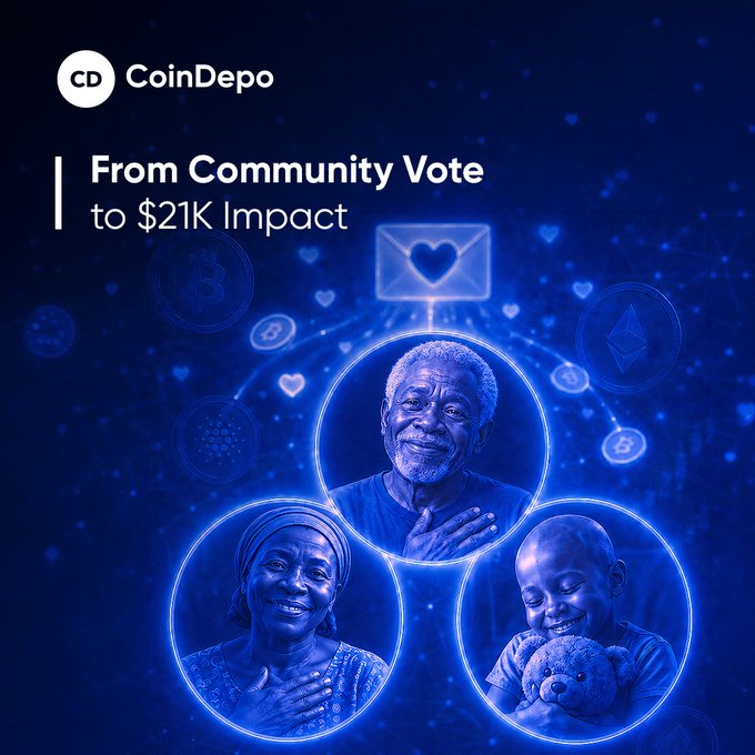 CoinDepo promotional graphic with text 'From Community Vote to $21K Impact' featuring three portraits of people surrounded by cryptocurrency symbols.