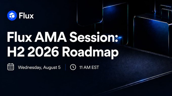 An announcement for a 'Flux AMA Session: H2 2026 Roadmap' scheduled for Wednesday, August 5 at 11 AM EST, featuring the Flux logo on a dark blue tech-themed background.