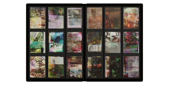 An open black binder or album with multiple clear sleeves, each containing a colorful mixed-media collage artwork with layered textures, text, and abstract imagery.