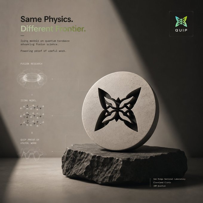 A sleek promotional image for 'QUIP' featuring a circular stone token with a butterfly emblem resting on a rocky surface, with text reading 'Same Physics. Different Frontier.' and 'Ising models on quantum hardware advancing fusion science.'