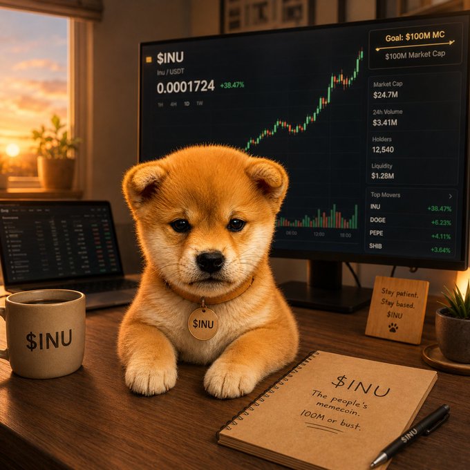 A Shiba Inu puppy sits at a desk in front of a monitor displaying "$INU" at $0.0001724 (+38.47%), with a "Goal: 100M MC" target and stats showing 12,540 holders, embodying the "inu szn incoming" rally vibes. The setup, complete with a "$INU" mug and notebook reading "The people's memecoin. 100M or bust.," reflects the hopeful anticipation of $INU hitting a 100M market cap.