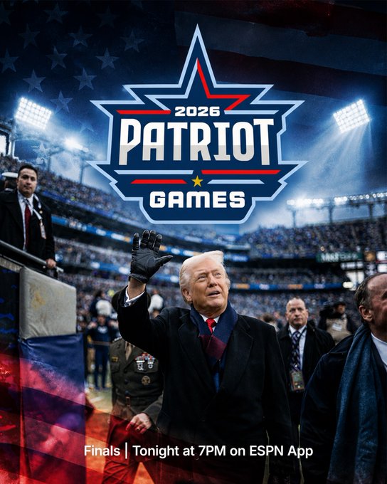 A man resembling Donald Trump waves from a stadium podium beneath a large "2026 PATRIOT GAMES" logo, with text at the bottom reading "Finals | Tonight at 7PM on ESPN App."